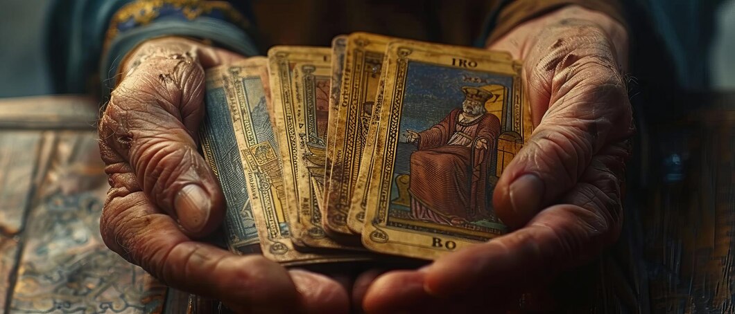 Slika tarot kart, ki simbolizirajo osebno rast, intuicijo in vpogled v prihodnost.