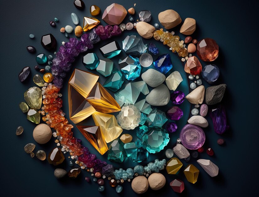 Kristali in njihova uporaba za zdravljenje in duhovno rast, zbrani v različnih oblikah in barvah