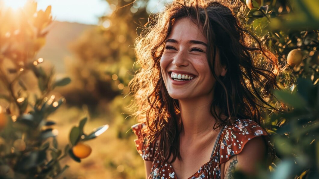 Srečna in zadovoljna ženska v objemu narave, ki izraža notranji mir in veselje