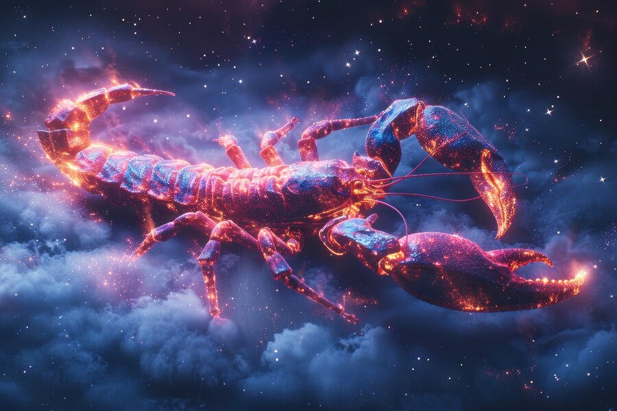 Škorpijon z žarečo energijo in intenzivno barvo, ki simbolizira moč, strast in globino čustev, značilnih za sezono Škorpijona.