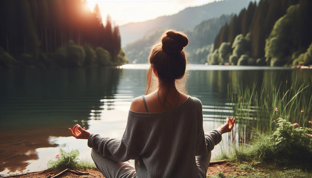 Mirna oseba v meditaciji, obdana z naravo, ponazarja poslušanje notranjega glasu in intuicije.