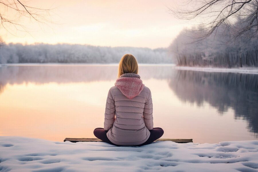 Ženska sedi v naravi in meditira, simbolizirajoč notranjo jasnost in mir pri sprejemanju odločitev.