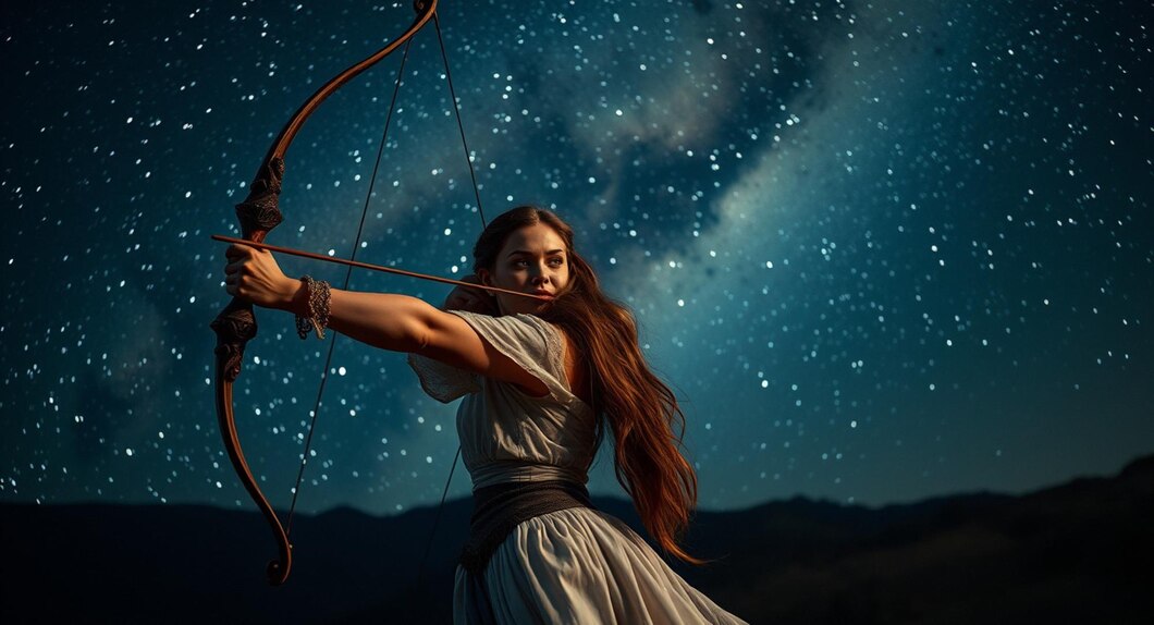 Nočno nebo z mlado luno v znamenju Strelca, simbol optimizma in novih začetkov decembra 2024.