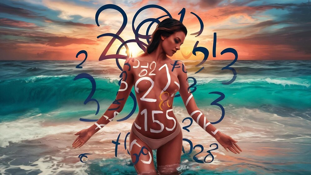 Simbolični prikaz številk v numerologiji z energijskimi vibracijami in pomenom, ki povezuje številke z življenjsko potjo in notranjo energijo.