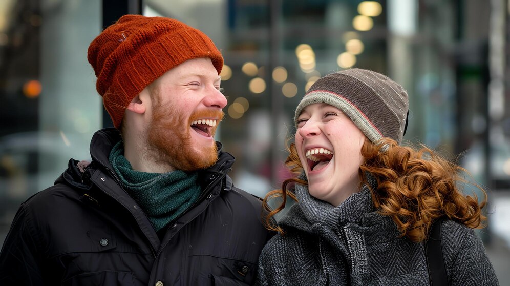 Nasmejan par se smeji, kar ponazarja moč humorja v odnosih.