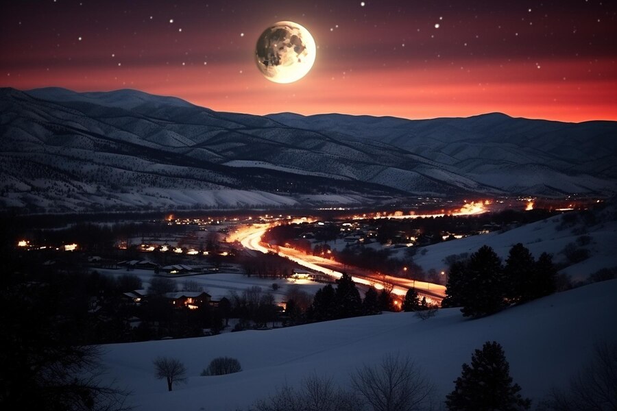 Čudovita Luna na nočnem nebu, obdana z zvezdami, ki osvetljuje pokrajino s svojo skrivnostno mesečino, simbol harmonije in naravne lepote.