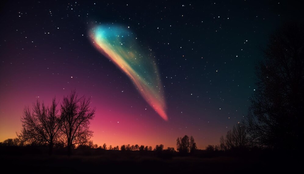 Zvezdnato nočno nebo v februarju 2025, obdano s sivkinimi, koralnimi in jantarjevimi odtenki, ki simbolizira energijo transformacije in duhovnega mojstrstva.