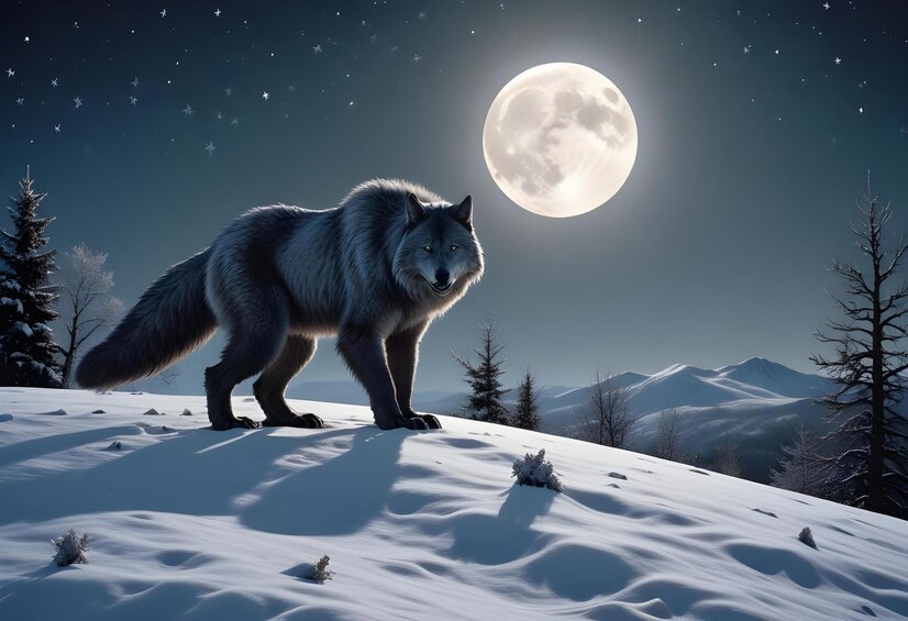 Svetleča polna Volčja luna na januarskem nočnem nebu, obdana z nežnimi oblaki in simboliko notranje moči ter čustvene povezanosti.